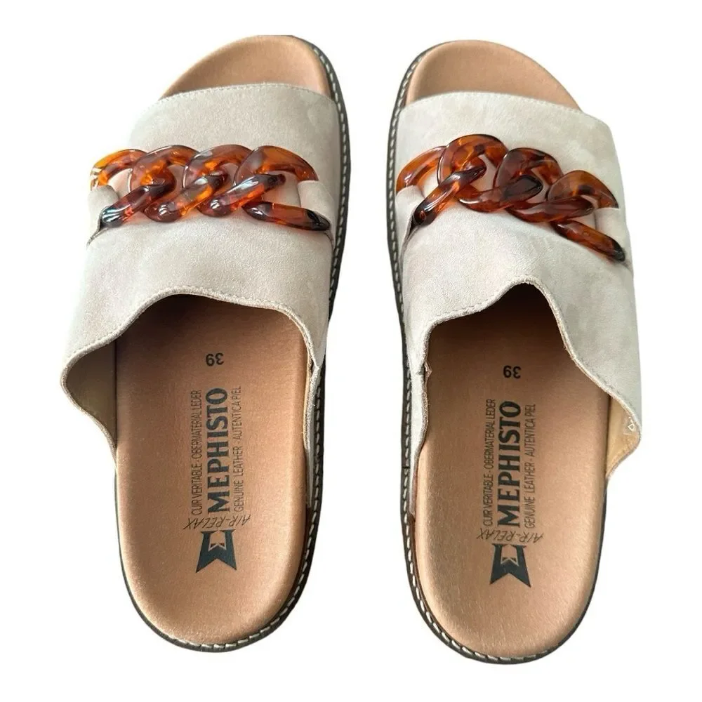 Mephisto Beverly Suede Slide Sandals EU 39 US 9 Sand Tan Tortoise Chain